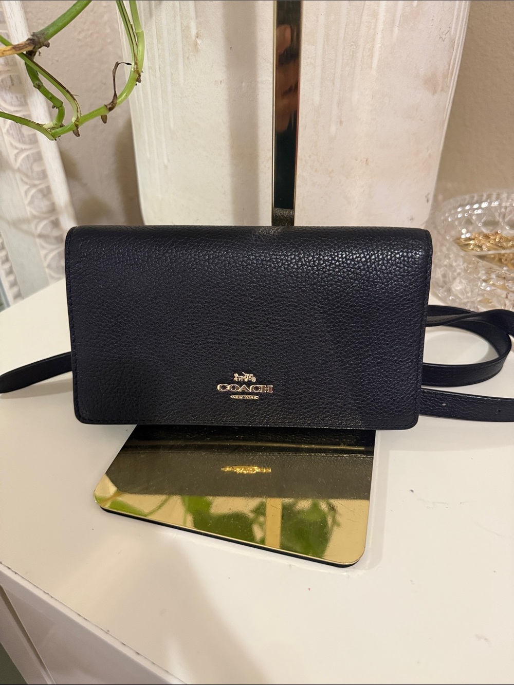 Coach Black Pebbled Leather belt Wallet with Gold Logo